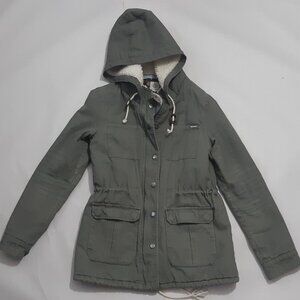 Women's Small Element jacket Olive green army coat Sherpa hood Zipper Cinched